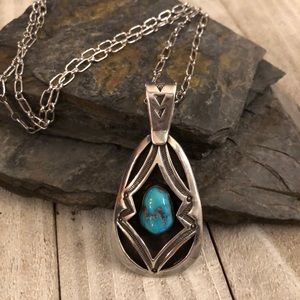 VINTAGE Aaron Chischiligi turquoise Shadowbox sterling silver link necklace